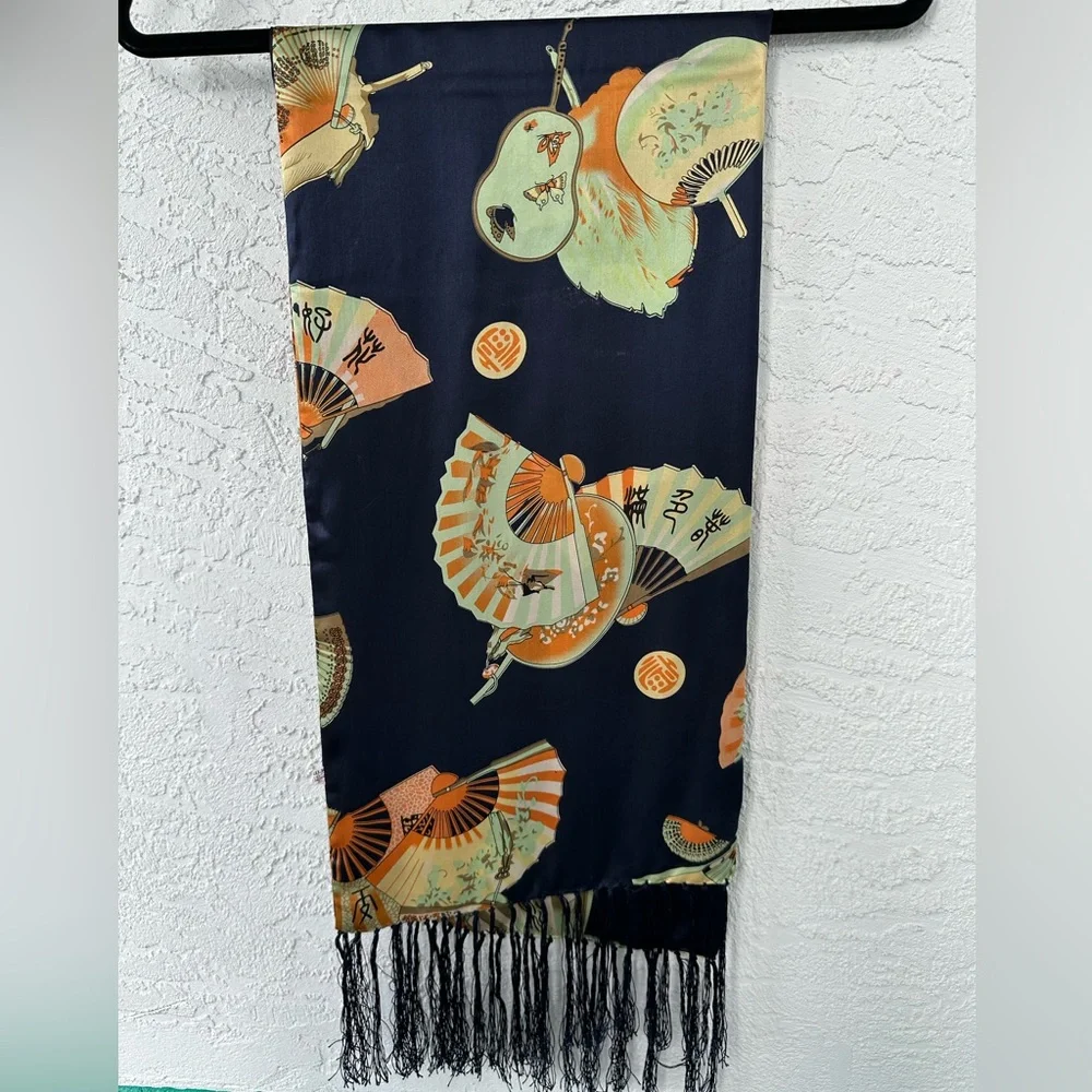 Scarf Silk Fan Pattern Fringe 44” X 10 1/2”